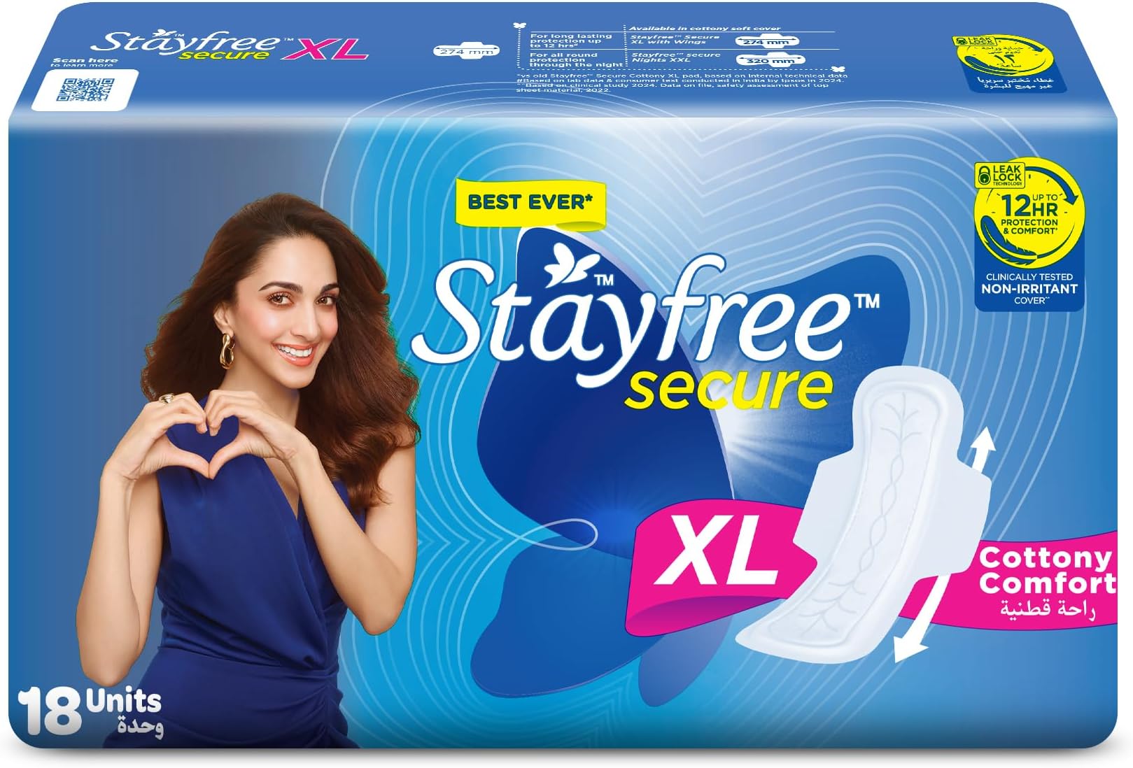 Stayfree Secure XL Sanitary Pads for Women, Cottony Comfort, Up to 12 Hours Protection, Leak Lock Technology, Odour Control, 18 Count