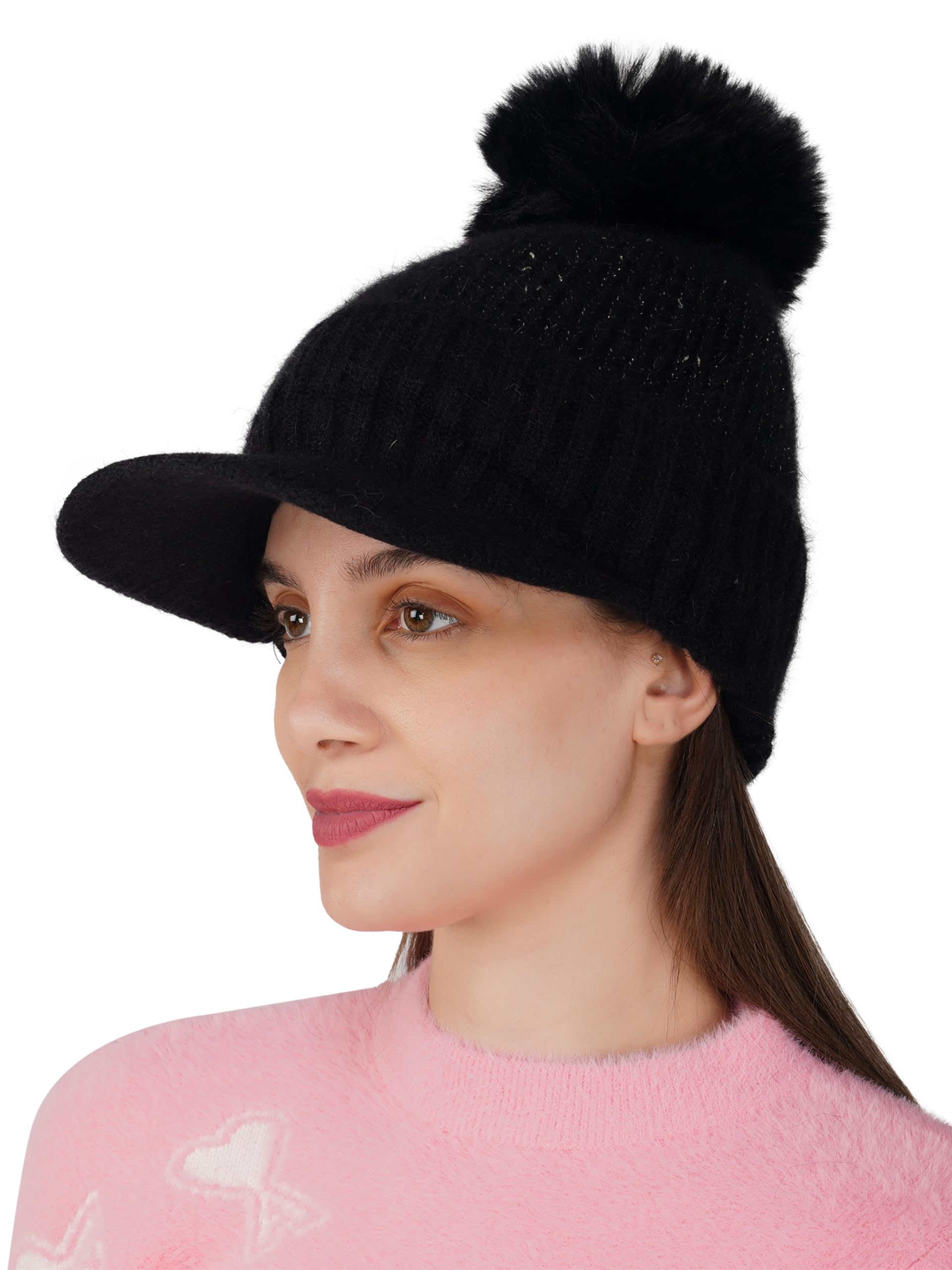 isweven Woolen Winter Cap for Women Girls, Soft & Warm Pom Pom Visor Beanie Hat (Free Size, 4164)-picture-25