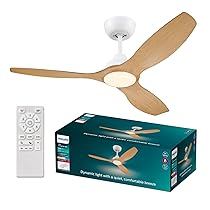 Philips Olas Ventilatore da soffitto con Luce, 3 pale, 132cm, Luce LED da 24W, motore DC, 3 temperature di colore (3000 K, 4300 K, 6500K), dimmerabile, Bianco, telecomando incluso