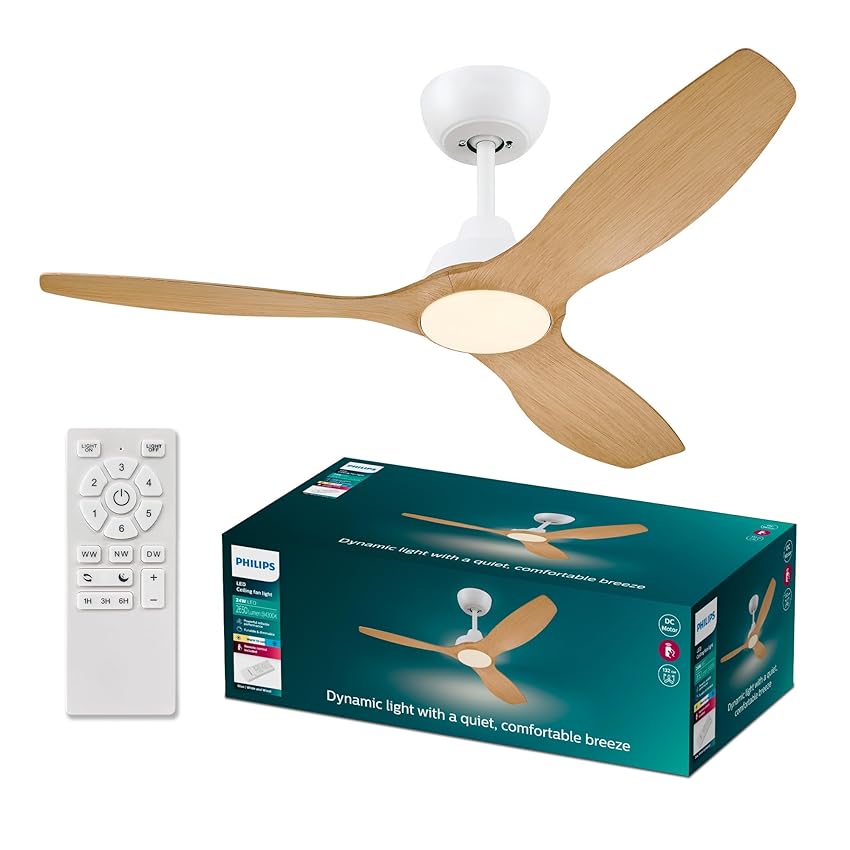 Philips Olas Ventilatore da soffitto con Luce, 3 pale, 132cm, Luce LED da 24W, motore DC, 3 temperature di colore (3000 K, 4300 K, 6500K), dimmerabile, Bianco, telecomando incluso