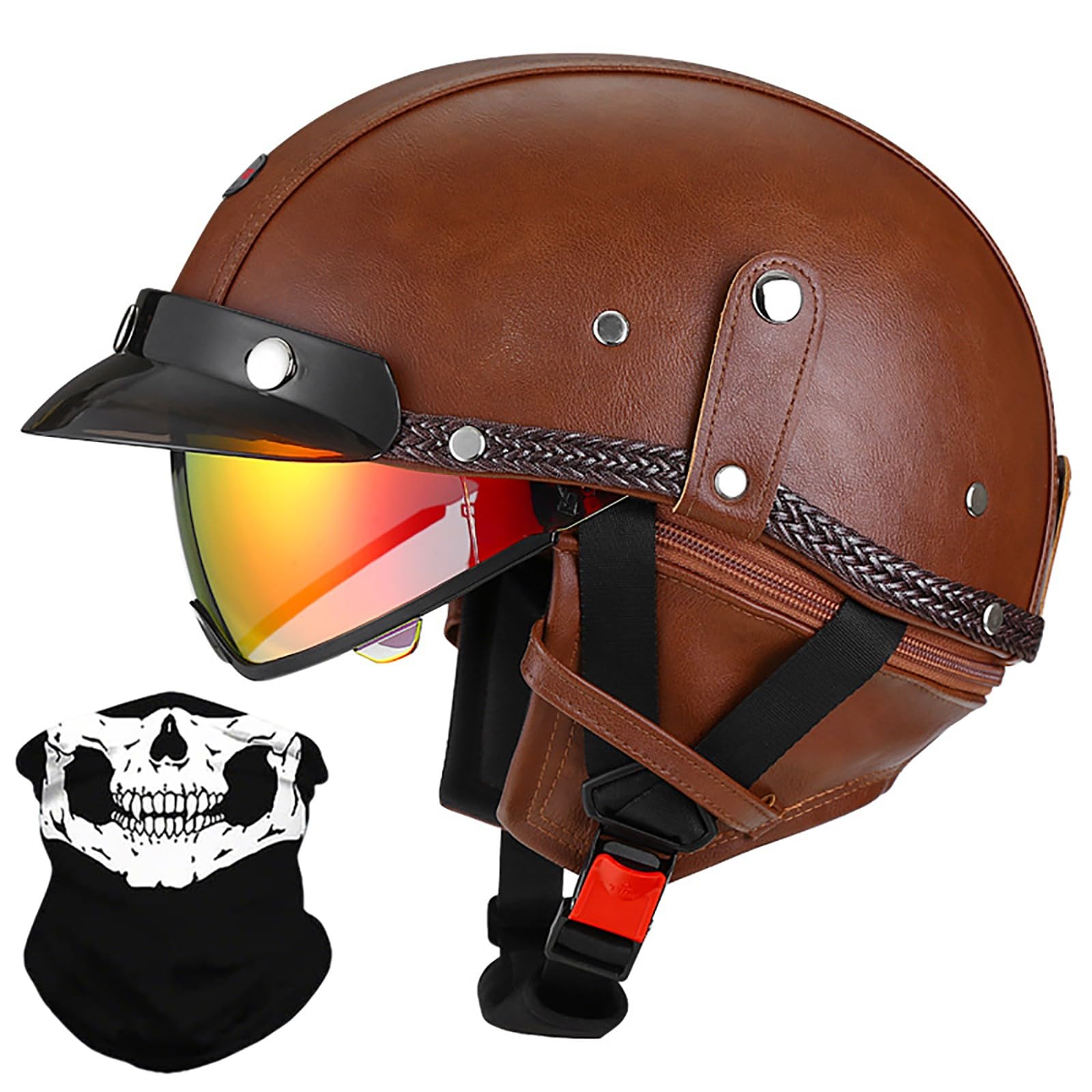 Retro Motorrad Halbhelm Deutscher Lederhelm mit Offenem Gesicht, Männer Frauen Cruiser Chopper Moped Scooter Jet Vintage Halbschalenhelm mit Abnehmbarem Schal, ECE-geprüft 57-64cm