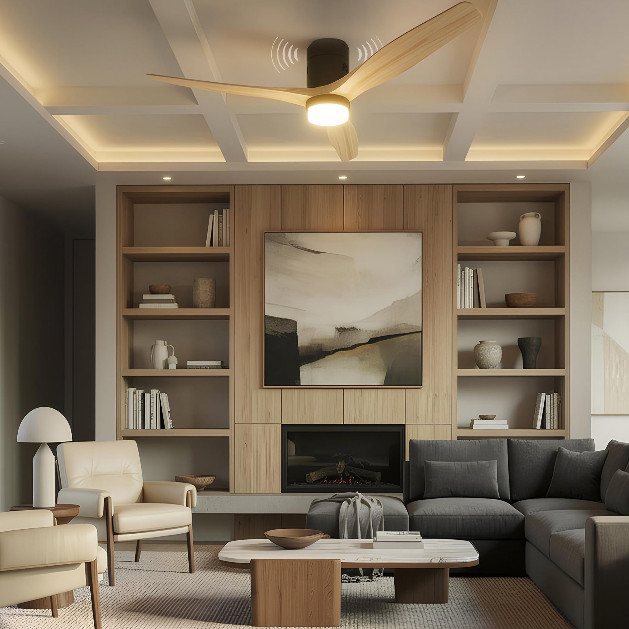 Energy Sistem SoundAir Ventilador de Techo con Altavoz Bluetooth, Motor DC, 132cm, Negro, Madera Natural, Moderno, Luz LED Regulable, Interior