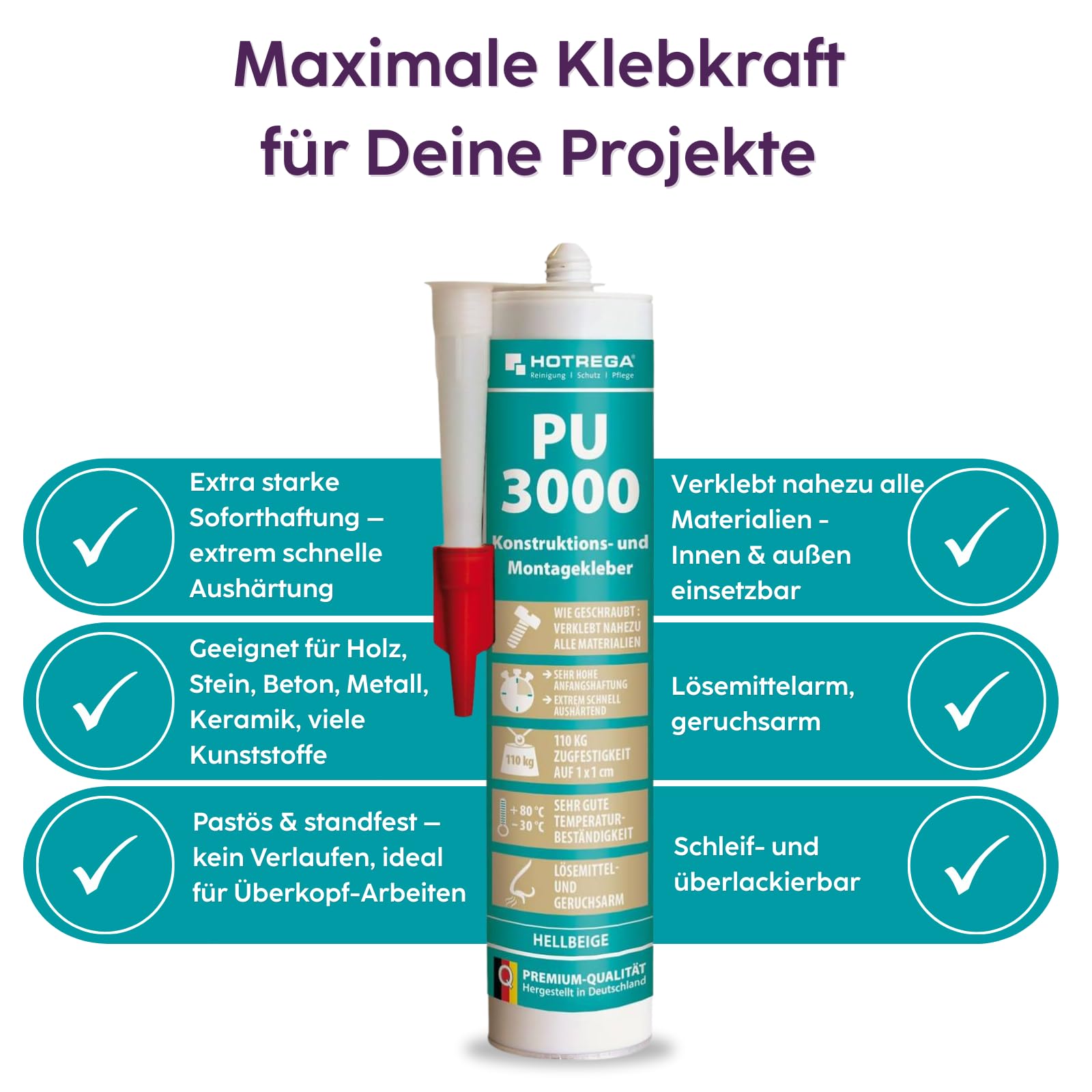 HOTREGA PU 3000 Montagekleber 4x 310 ml | Konstruktionskleber Hellbeige | Extrem schnelle Aushärtung | Für Holz, Naturstein, Metall & Beton | Wasserfest, Witterungsbeständig & Überlackierbar