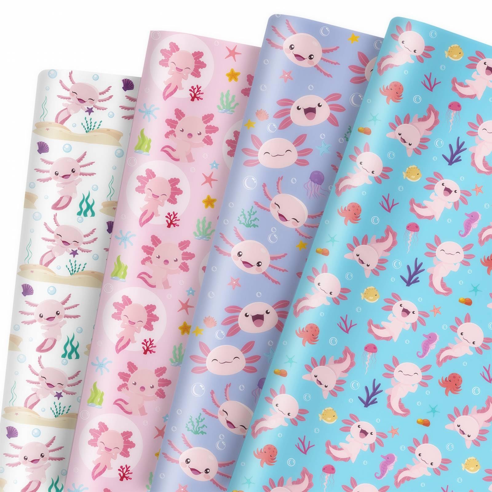 GleeWrap Axolotl Wrapping Paper, 12 Sheets Cute Animals Gift Wrap Paper for Boys Girls Birthday Party Baby Shower, 50 x 70cm