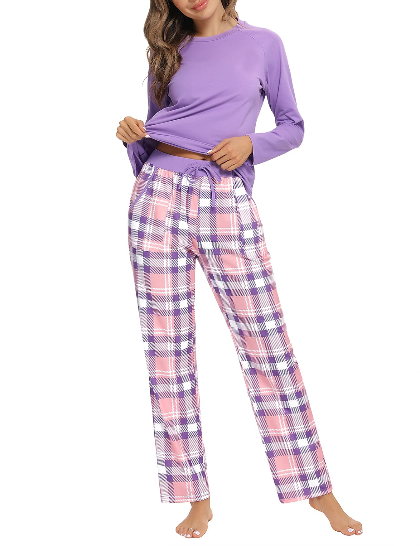 Uniexcosm Pigiama Donna, Pigiama a Quadri Donna Lungo Pigiama da Donna Cotone Leggero con Girocollo Pigiama 2 Pezzi Donna con Tasca Sciolto Accogliente per Casa e Casuale