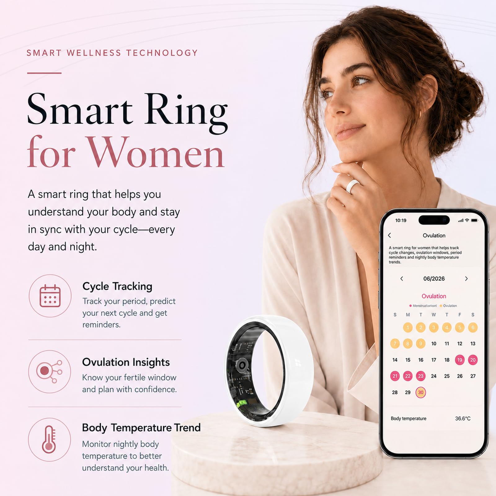 Anelli intelligenti per coppie, anelli sanitari per uomini e donne, monitoraggio della frequenza cardiaca 24/7, sonno, SpO2, stress, HRV e cicli. Impermeabile fino a 5 ATM, iOS/Android, senza