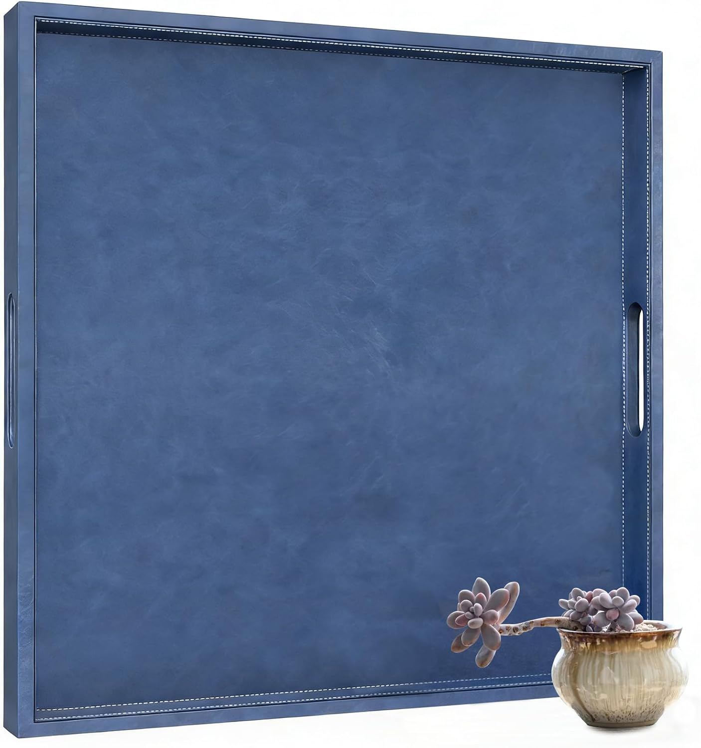 16x16 inches Square Leather Ottoman Serving Tray with Hole Handles, Modern Minimalist Service Tray for Living Room, Coffee Table, Bed, Tea, Food, Butler Countertop, Kitchen, Dinner, Picnic (Blue)