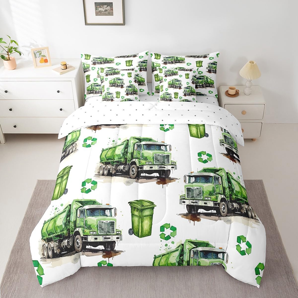 Feelyou Garbage Trucks Bed Set Green Car Bedding Set 7 Pieces for Kids Boys Girls Teens Powered Waste Management Recycling Comforter Set Queen Size Watercolor Bed in a Bag