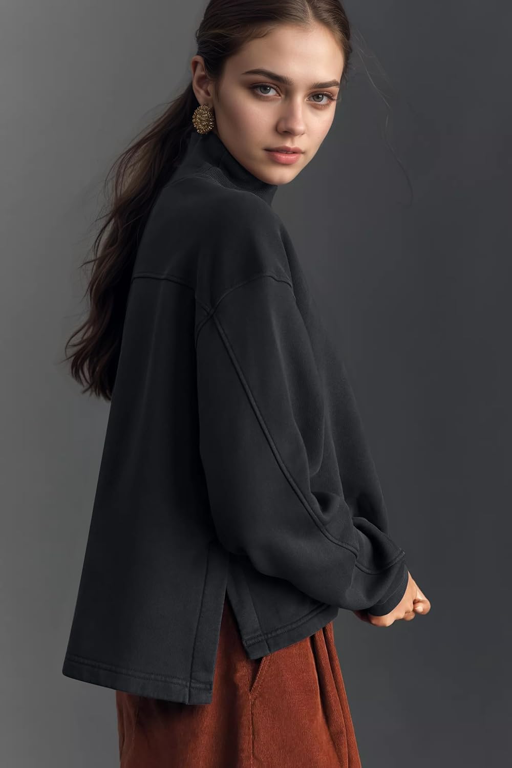 Ythomm Womens Mock Turtleneck Sweatshirt Long Sleeve Side Slit Pullover Tops Casual High Low Hem Drop Shoulder Sweatshirts - Image 2