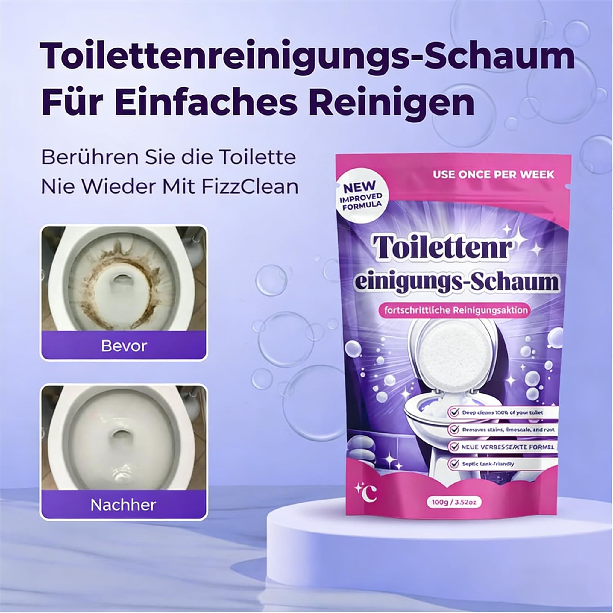 FIZZCLEAN 2026 Neuest Toilettenreiniger - Extrem Stark! Beseitigt Flecken In 20 Minuten, Entfernt Kraftvoll Kalk & Urinstein, Sorgt Für Glanz Und Frischen Duft (100g)