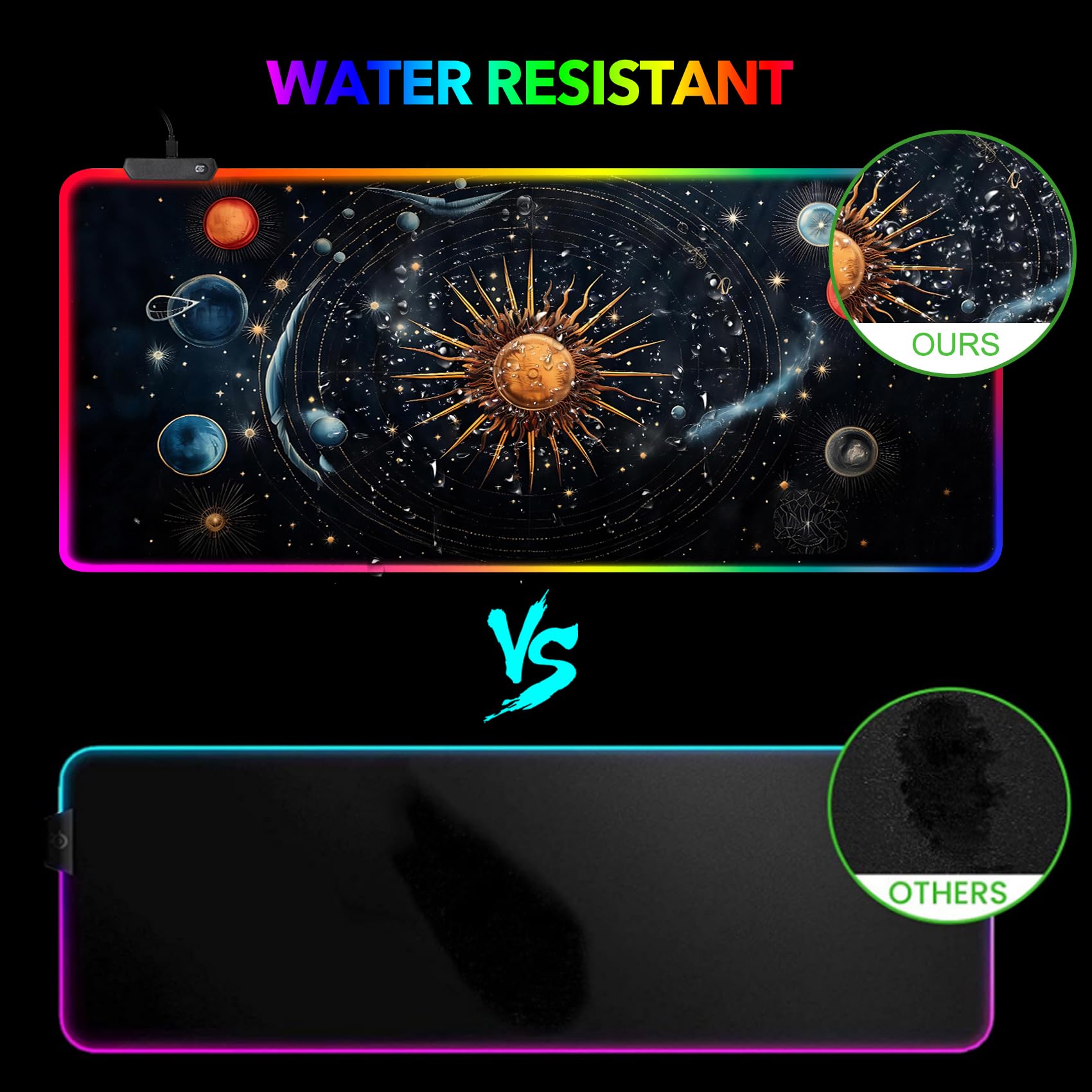 AIMSA Tappetino per Mouse Pad, per mouse da gioco a LED, con 14 modalità di illuminazione, base in gomma antiscivolo, per PC e laptop, motivo: sistema solare astratto