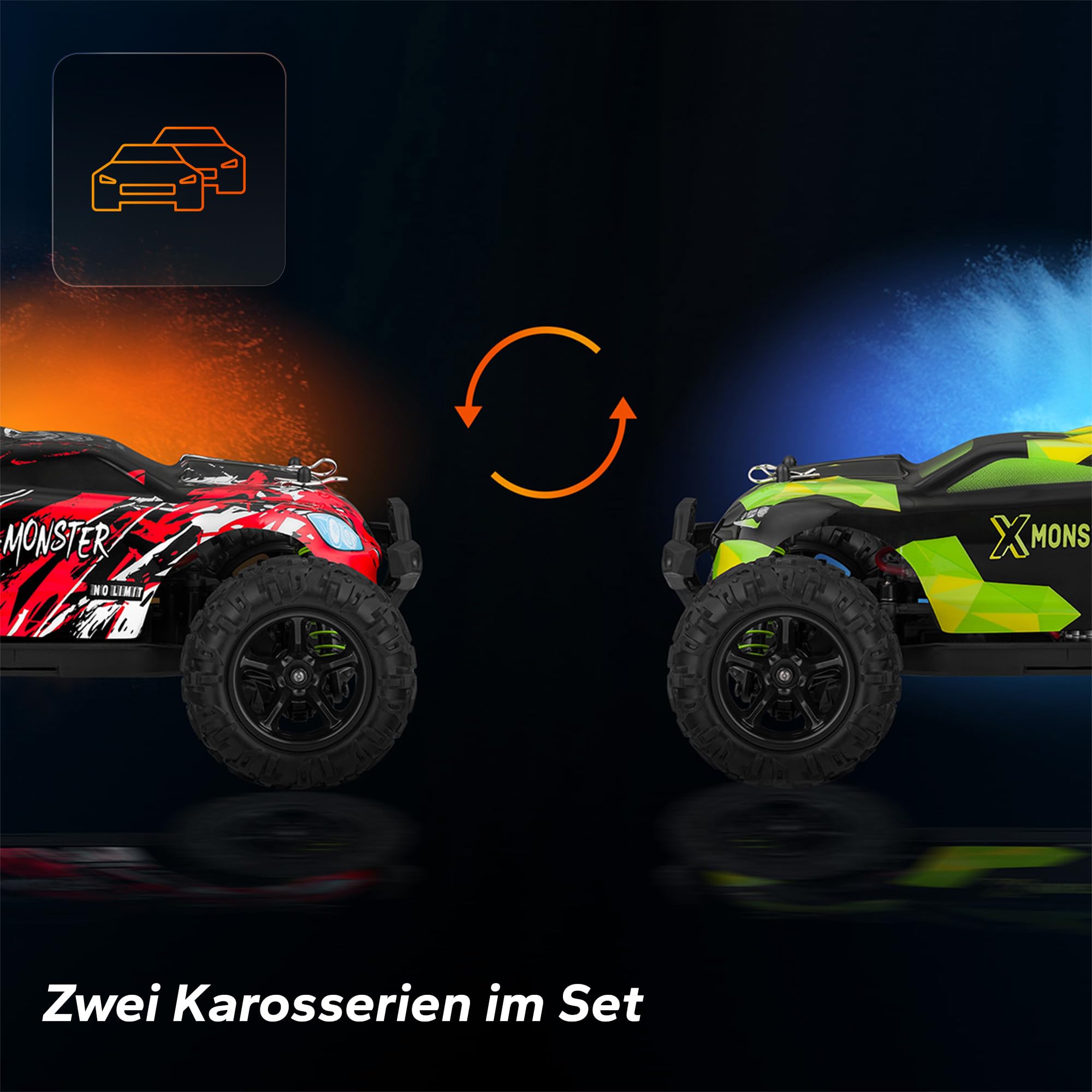 Overmax X-Monster 3.5 RC Truck 1:18, 30 km/h 4WD, 100 m Reichweite | 2×850 mAh Akku/40 Min, unabhängige Federung, 2 Karosserien, Metallantrieb