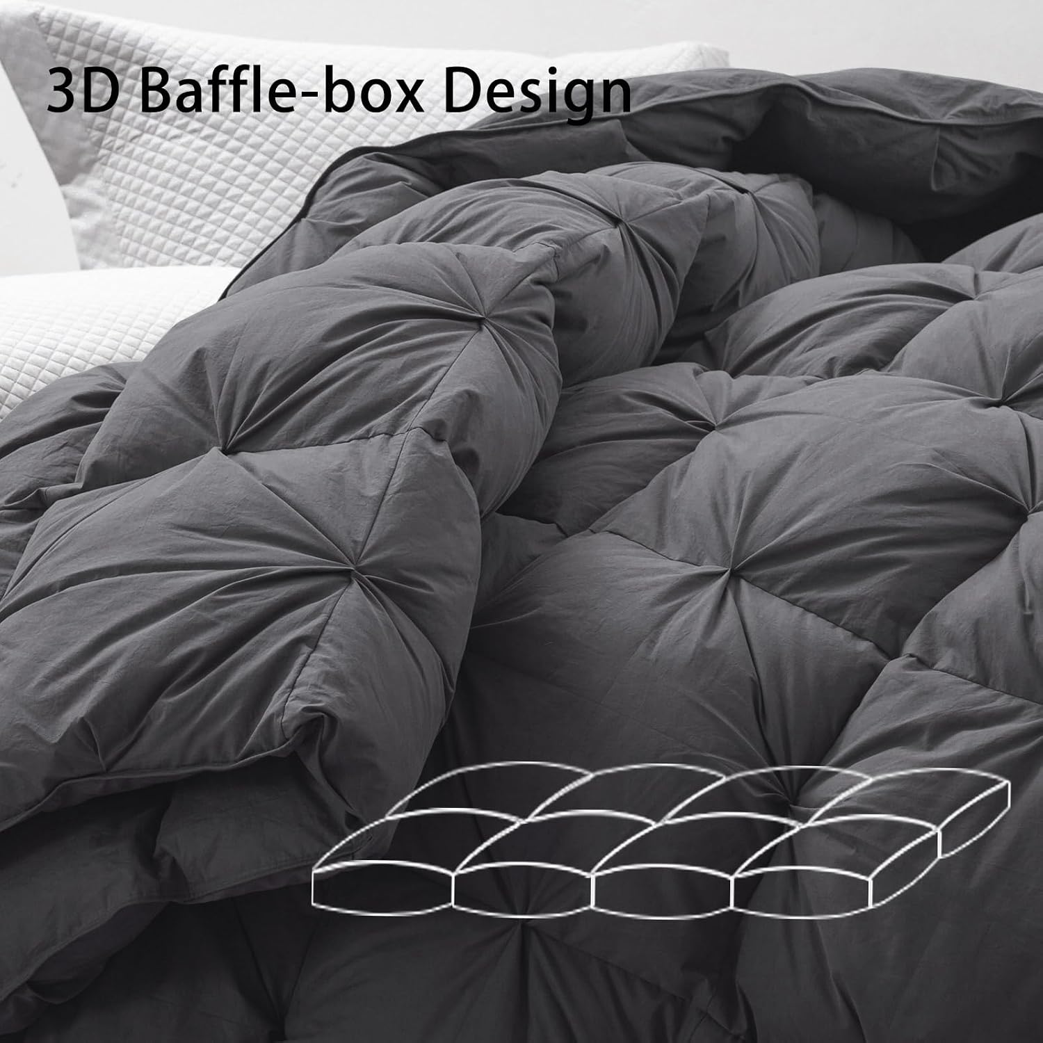 Grey Pinch Pleat Goose Down Comforter Fluffy Down Duvet Insert for Bedding Duvet with Corner Tabs 100% Cotton Cover Comforter (Size_King Pinch Pleat)