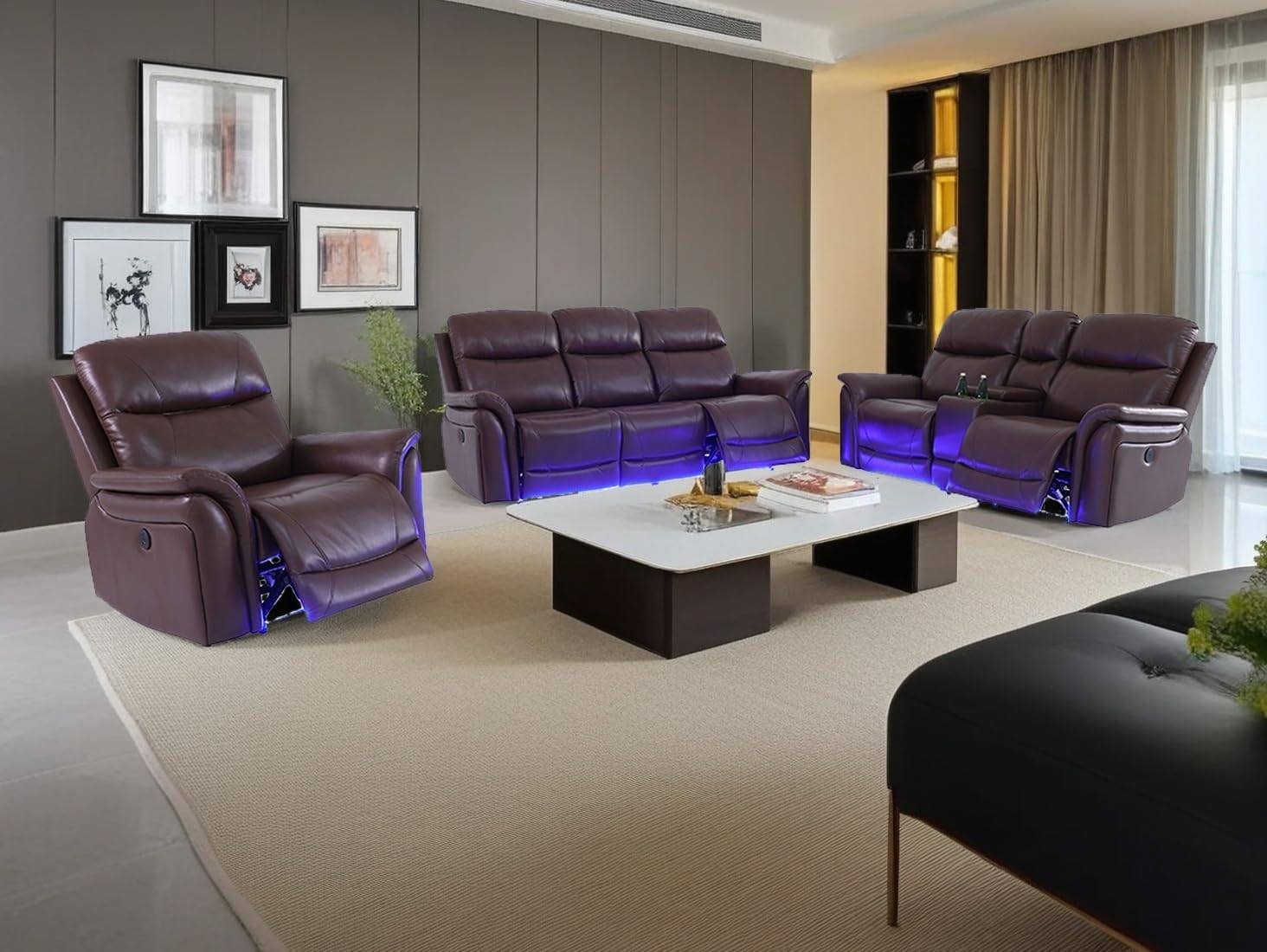 Dekmxas Recliner Couch Set 3PCS Breathing Leather Living Room Sofa Set Reclining Sofa Set with Storage Console/LED Blue Light for Apartment/Home/