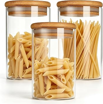 Glass Storage Jars with Bamboo Lids, Set of 3 1000ml Airtight Glass Jars with Lids Clear Kitchen Food Storage Containers for Oats, Nuts, Flour, Sugar, Coffee, Tea & Candy