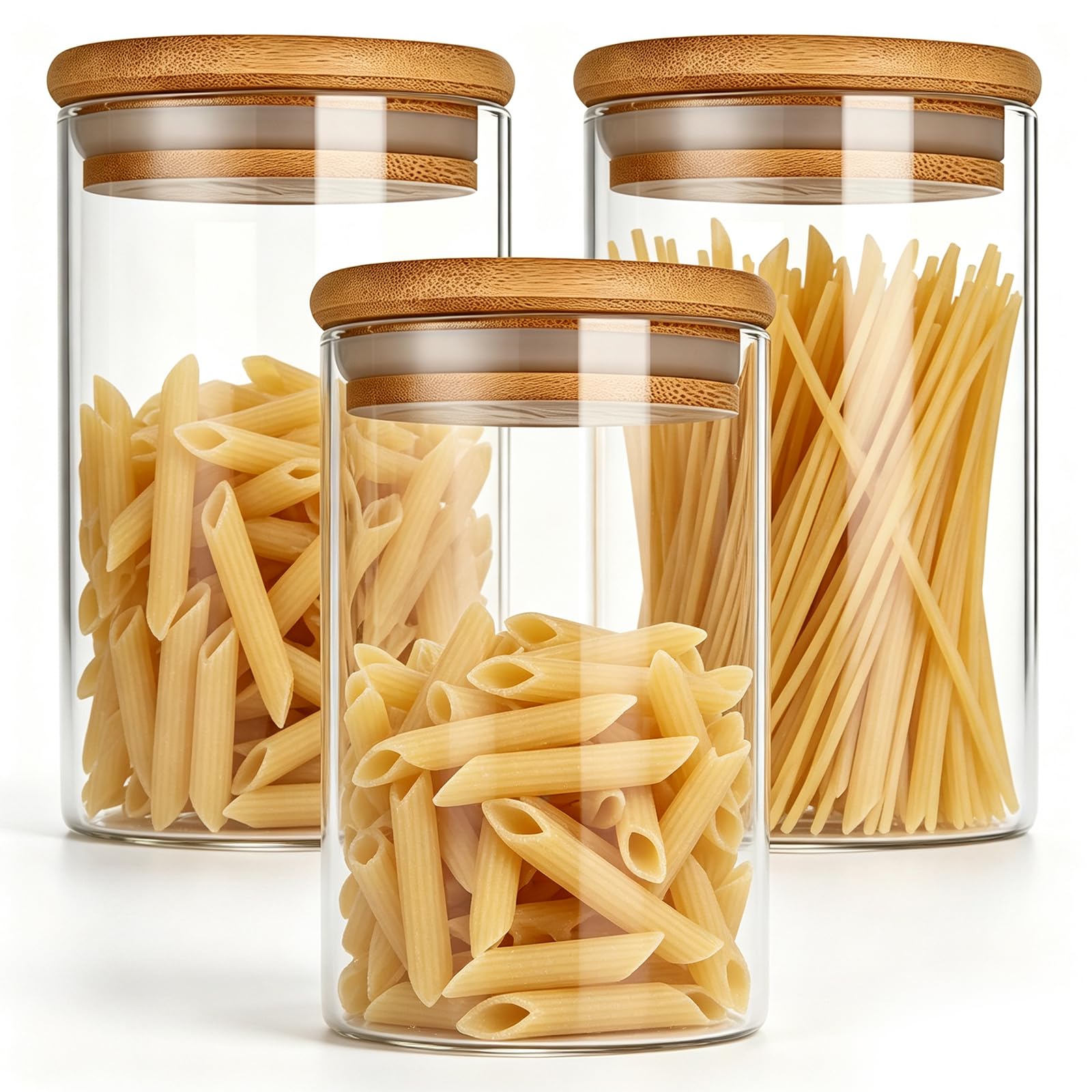 3 Set Glass Containers With Bamboo Lids, Glass Jars Set 1000ml, 34oz Spice Jars Food Cereal Storage Container for Home Kitchen Tea Herbs, Coffee Flour , Sugar, Herbs Grains, Candy, Snack and More ﻿