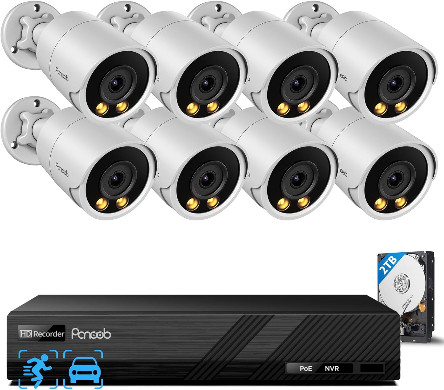 Security Camera System PoE, 8X 4MP Wired Bullet IP Cameras Outdoor Built-in Microphone, AI Human Vehicle Detection, 5MP 8CH NVR with 2TB HDD, Smart Color Night Vision, PB38F0808-4MD