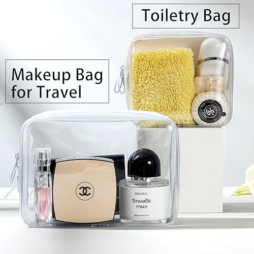 Miniatura 4 de Bolsa de aseo aprobada por la TSA, paquete de 3 bolsas transparentes para artículos de tocador para viaje, bolsa de maquillaje de tamaño cuarto de