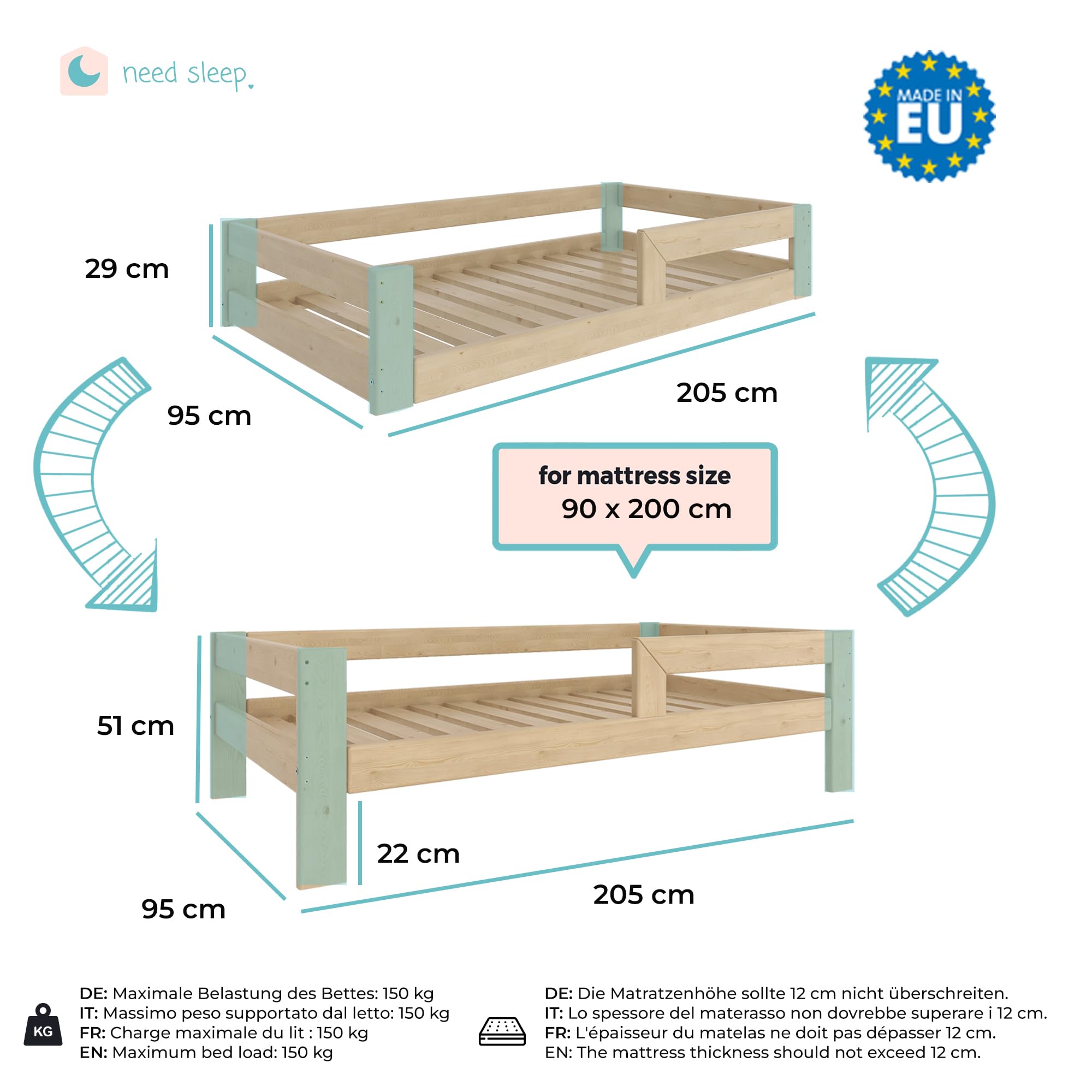 Sponda Letto Regolabile Per Anziani E Disabili - Con Maniglie, Cintura Di Sicurezza, Altezza Regolabile, Per Prevenire Cadute