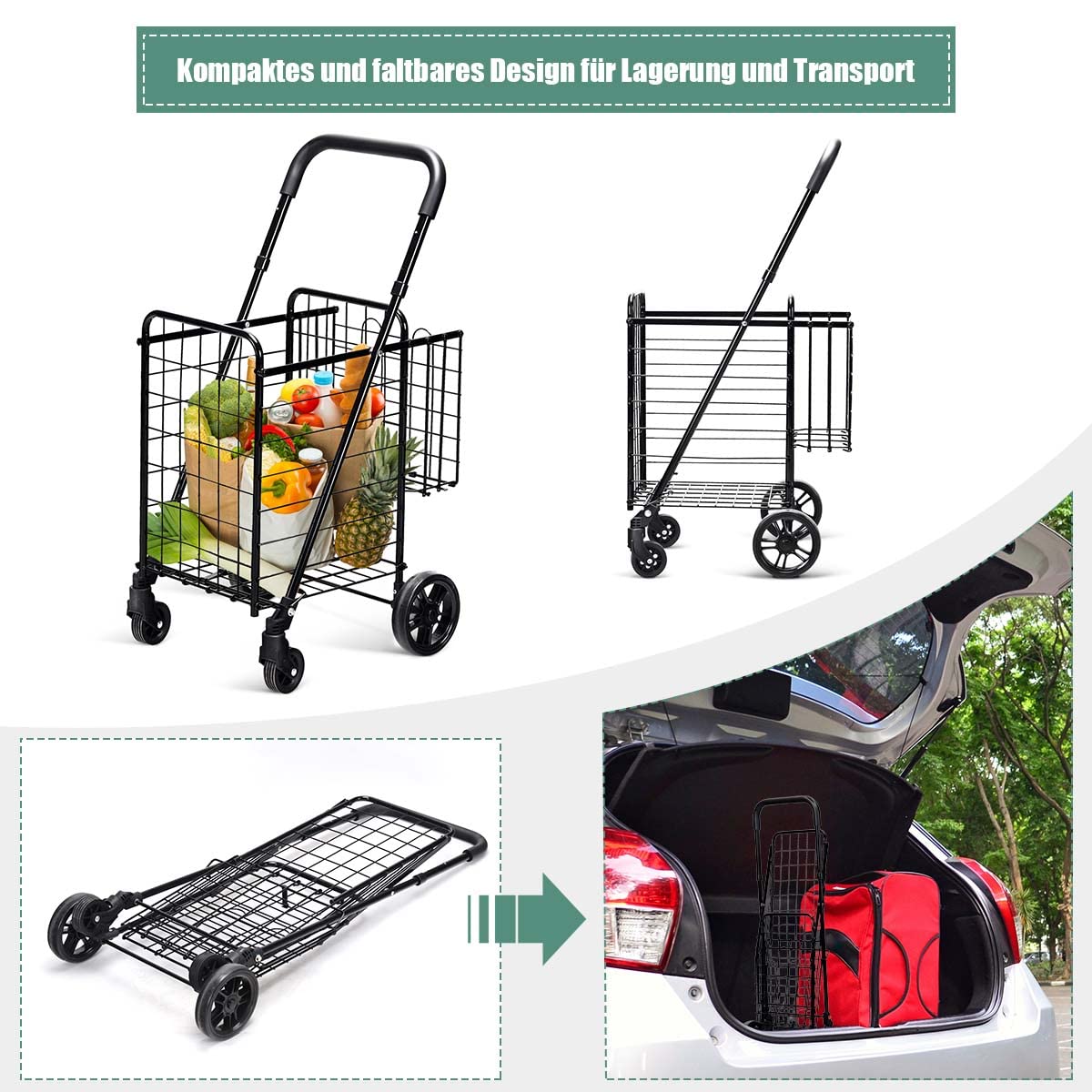 COSTWAY Klappbarer Einkaufstrolley, Einkaufswagen mit Universalrädern & Doppelkorb, 48L+10L, Tragbarer Handwagen mit Verstellbarer Griff, Rollwagen Allzweckwagen für Wäsche Einkaufen Gepäck (Schwarz)