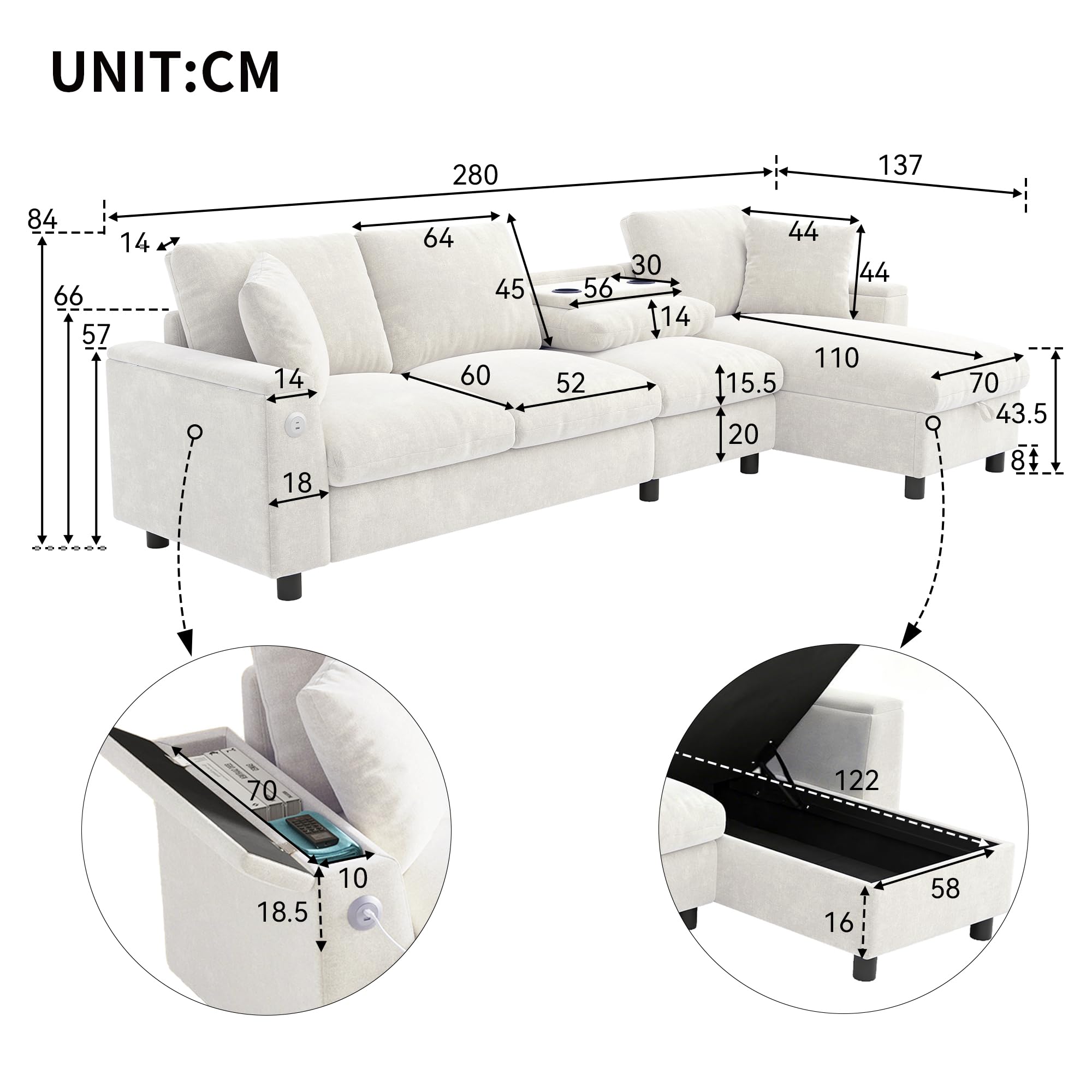 Sofa szenilowa w kształcie litery L z miejscem do przechowywania, rozkładany stolik kawowy z uchwytami na napoje, USB i typ C, montaż z lewej lub prawej strony, beżowy, sofa narożna
