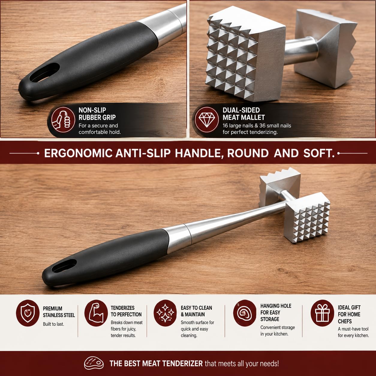 Zollyss Stainless Steel Meat Tenderizer Hammer | Dual-Sided Meat Mallet with Rubber Grip Handle | Meat Pounder for Steak, Chicken, Beef, Pork & Fish | Heavy Duty Kitchen Meat Hammer (Black) 2