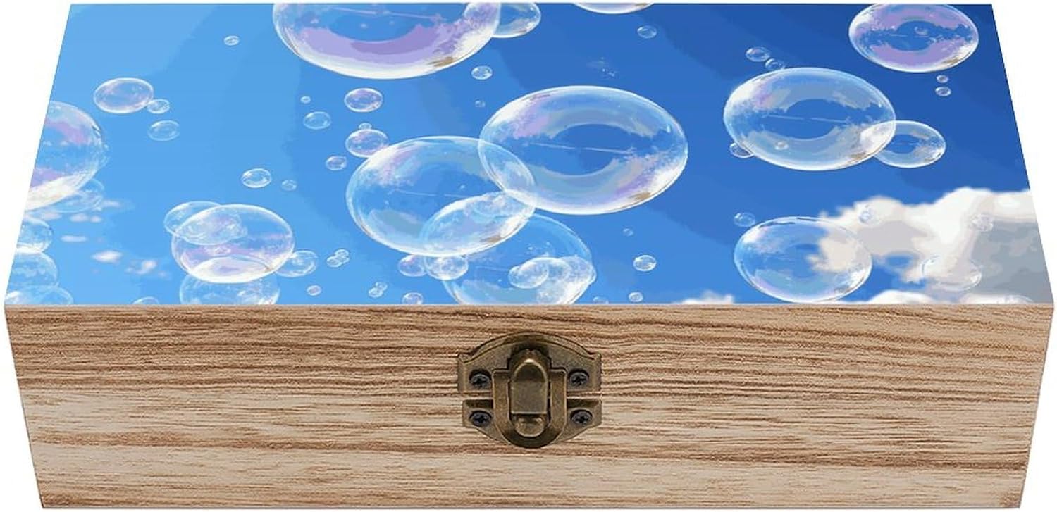 Bubbles Blue Sky Wooden Keepsake Box Decorative Memory Storage Box with Hinged Lid Small Jewelry Keepsake Boxes for Storing Gift Pictures Letters Time Capsule