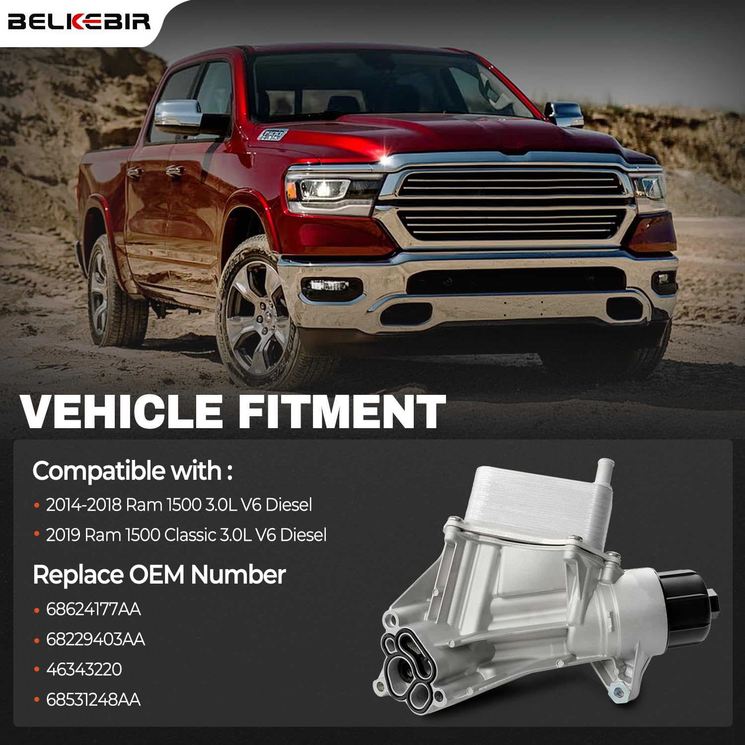 68624177AA Upgrade Aluminum Engine Oil Cooler Oil Filter Housing Compatible with 2014-2019 Ram 1500 Classic 3.0L V6 Diesel Replaces 68624177AA, 68229403AA, 46343220, 68531248AA