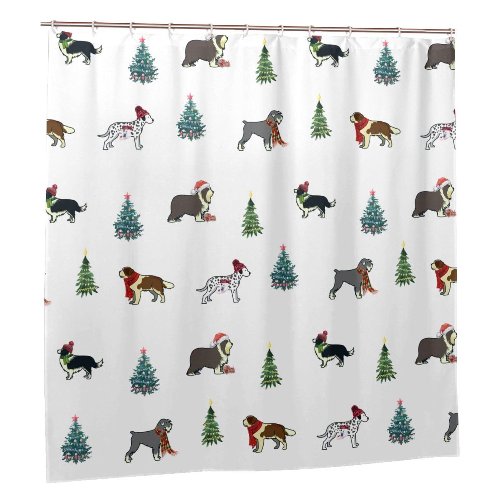 JOOCAR Merry Christmas Dog Shower Curtain Winter Holiday Christmas Tree Dog Shower Curtains Bathroom Decor Polyester Fabric Waterproof Shower Curtain Set with 12 Hooks, 165x180cm