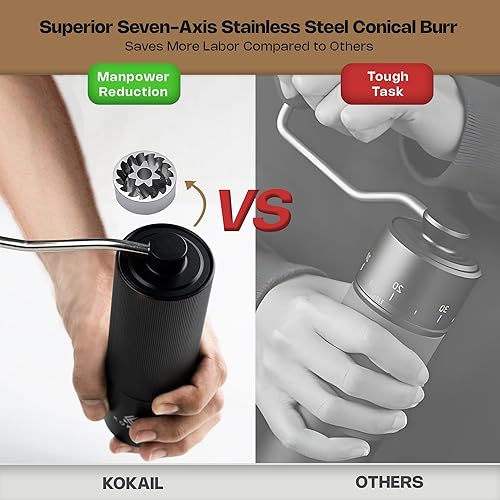 Miniatura 2 de Molinillo manual de café de 7 estrellas, de acero inoxidable 420, con capacidad de 1.06 oz, grosor ajustable para expreso, café por goteo y prensa