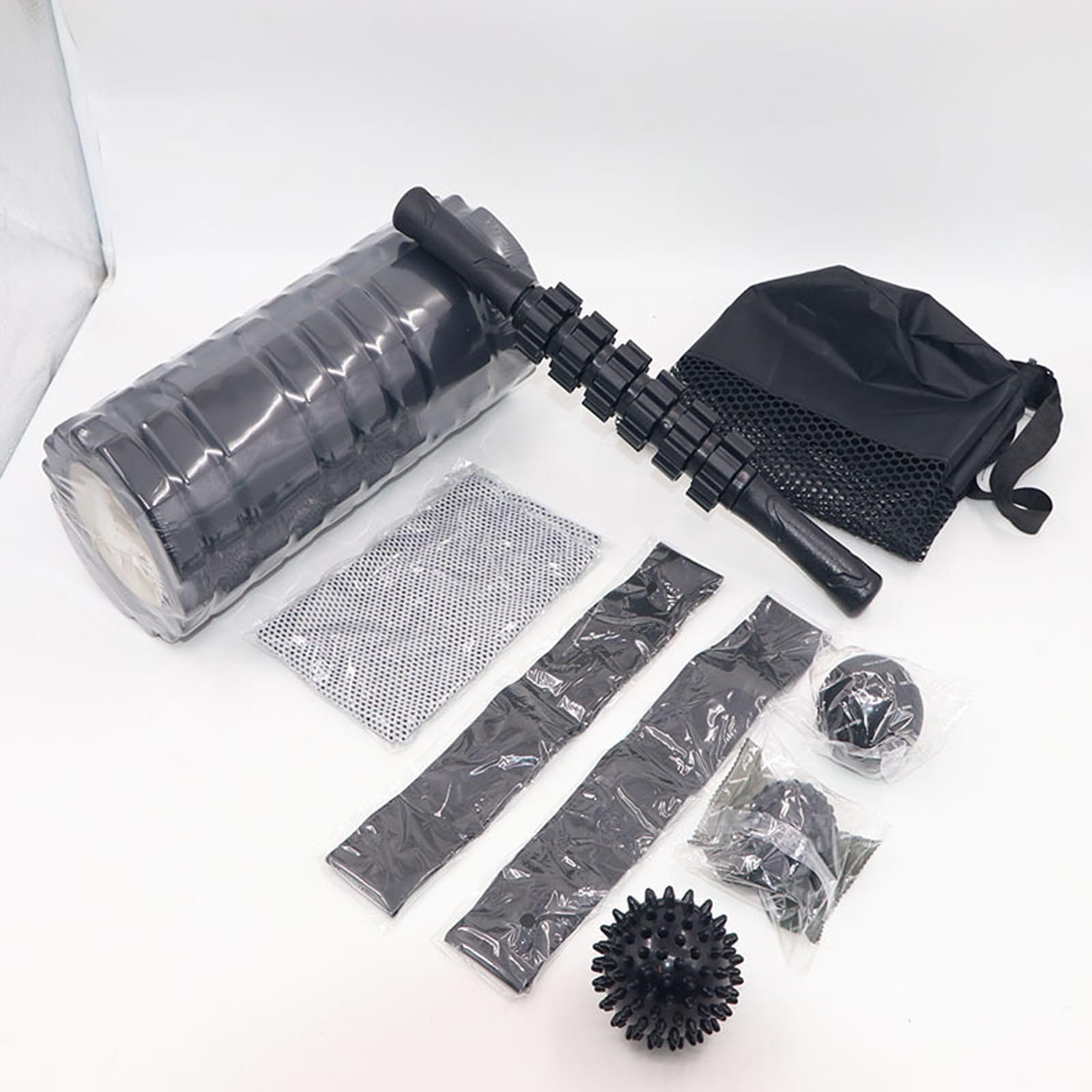 Komplettes Yoga Zubehör Set: Schaumstoffrolle, Massagestab, Widerstandsband zur Muskelregeneration, Präsentations Stretching Trommel mit Massageball