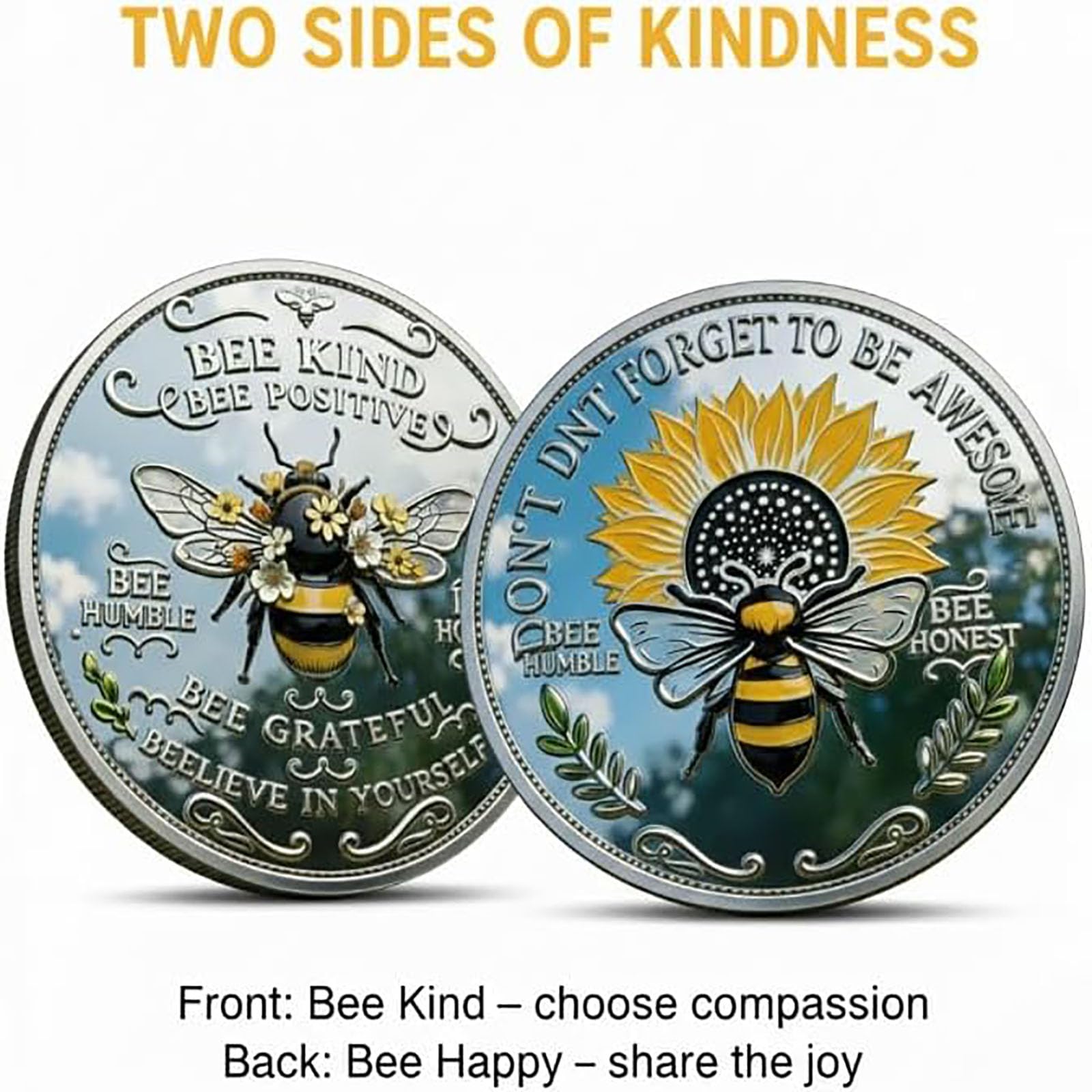 Moneda Conmemorativa de Positividad "Bee Kind" - Moneda del Desafío "Bee Kind", Ficha Motivacional de Doble Cara con Afirmaciones, Regalo Inspirador para Amigos y Familiares (#A6Pcs)