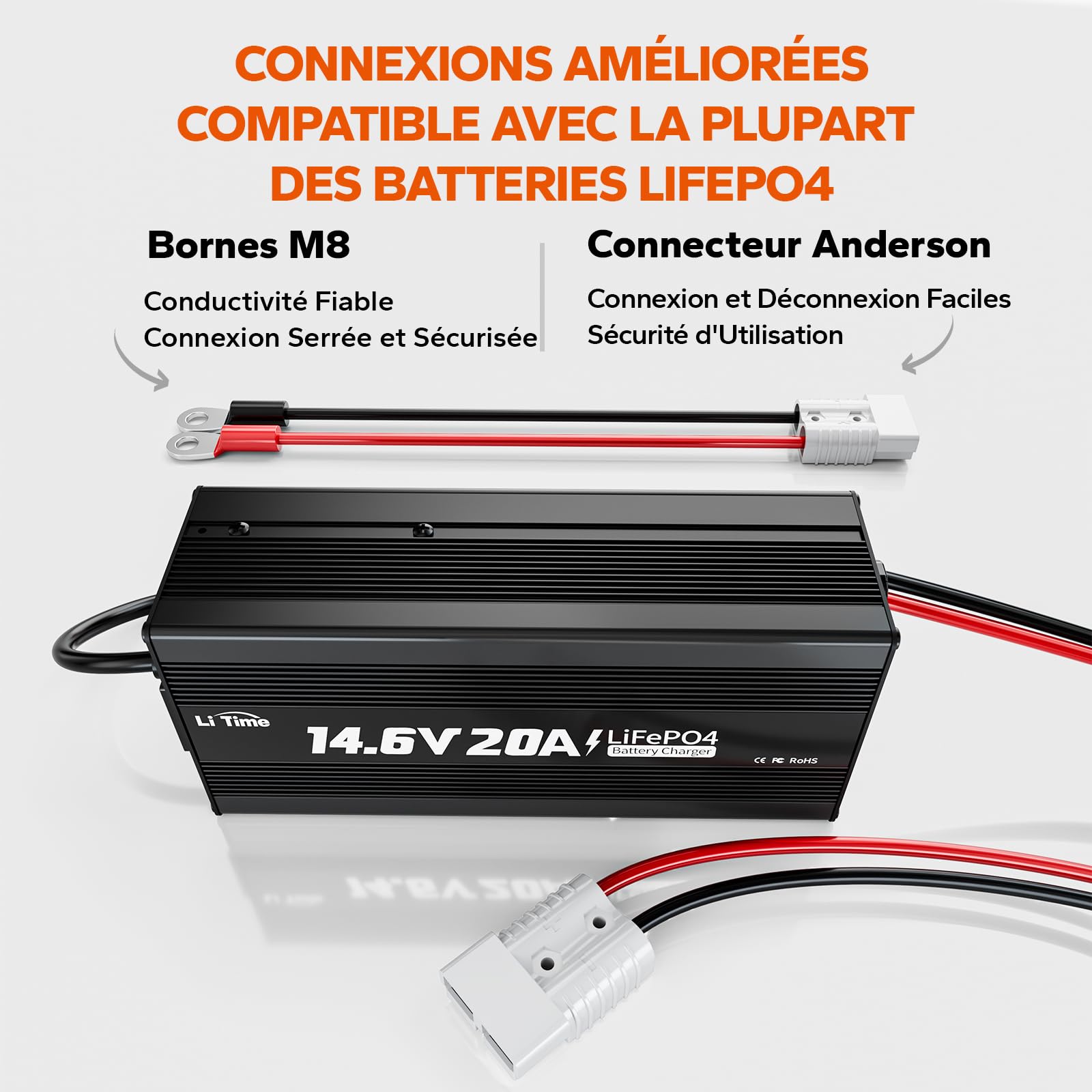 LiTime 14.6V 20A LiFePO4 Acculader AC-DC Slimme Lader voor 12V 100Ah 200Ah Lithiumbatterijen, Lithiumbatterijlader met Anderson-connector en LED-display