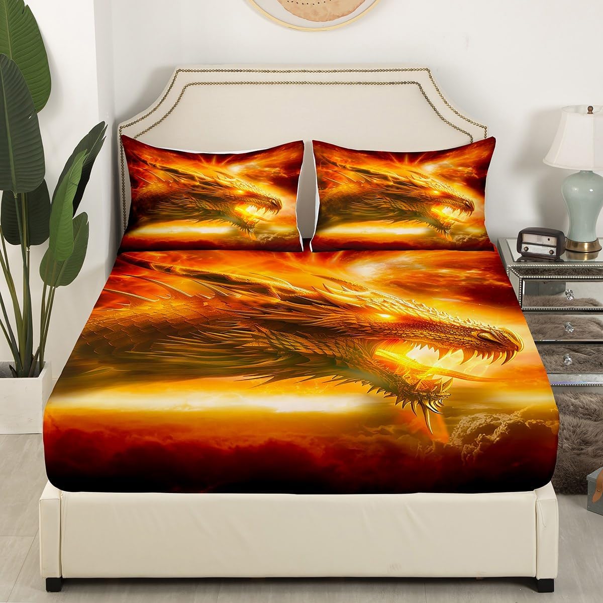 Castle Fairy Dragon Bed Sheet Set Queen Size,3D Animal Print, Fitted Sheet 4Pcs Deep Pocket,Flame Design, Soft Microfiber Bedding Set Breathable Flat Sheet for Boys Girls Teens,Orange