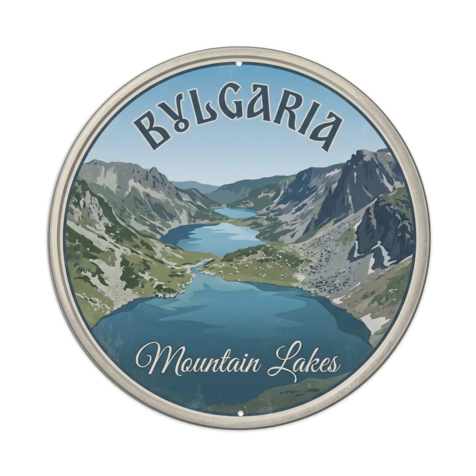 Vintage Travel Rila Lakes Bulgaria Metal Tin Sign Plaque Wall Decor for Cafe, Club, Garden Round Metal Poster 8x8Inch