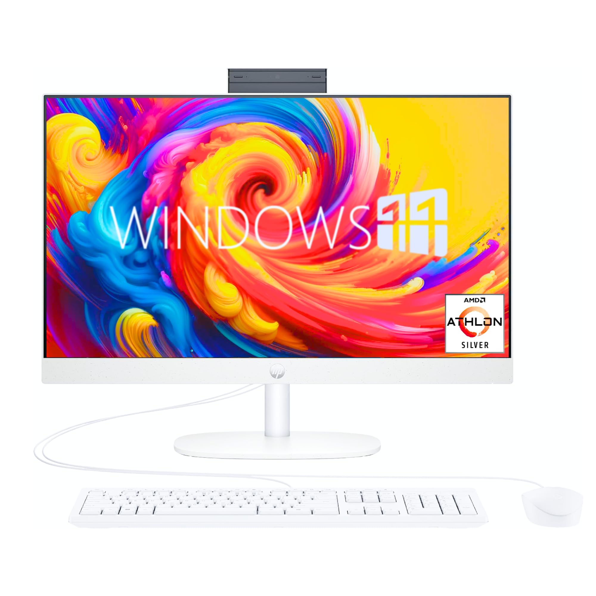 HP 24 Inch All-in-One Desktop, 23.8” FHD Display, AMD Athlon Silver Processor (Beats i5-6360U), 8GB DDR5 RAM, 256GB SSD, Webcam, HDMI, Wi-Fi 6.0, Bluetooth, Windows 11 Home, White
