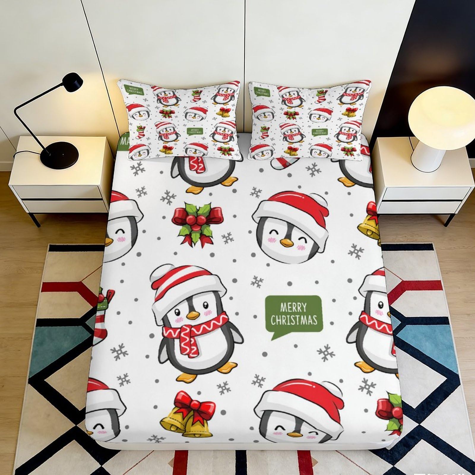 3D Printed Christmas Penguin Fitted Sheet Microfiber Soft Breathable Holiday Pattern Bed Cover for Bedroom Dormitory Guest Room Mattress Protection 140x200x25cm