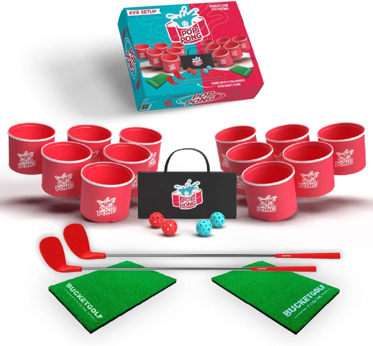 PopPong Yard Golf Chipping Game - Outdoor Tailgate, Beach & Backyard Game for All Skill Levels. 12 Buckets, 2 Turf Mats, 2 Collapsible Clubs, 4 Balls, Carry Bag Included