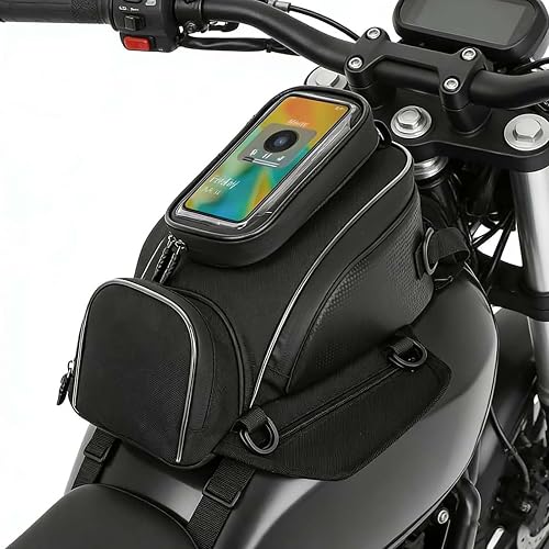 Motorcycle Tank Bag for Super Soco TC Max 2019–2026, Magnetic & Strap Mount, Waterproof Black Fuel Pouch, Clear Touch Screen Phone Pocket, Anti-Slip Base Motorbike Luggage