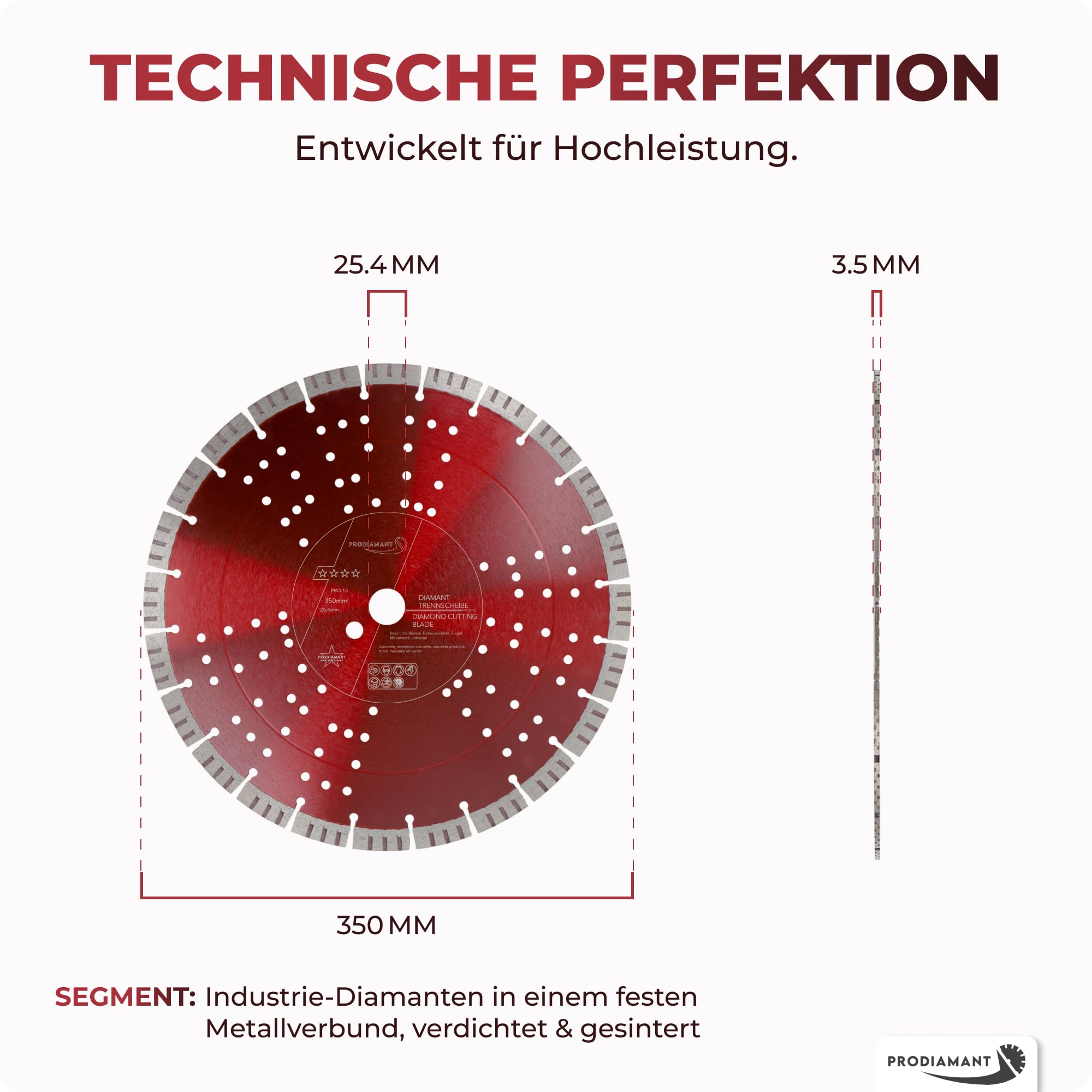 PRODIAMANT Turbo Diamant-Trennscheibe Beton 350mm x 25,4 mm Segmenthöhe 15mm