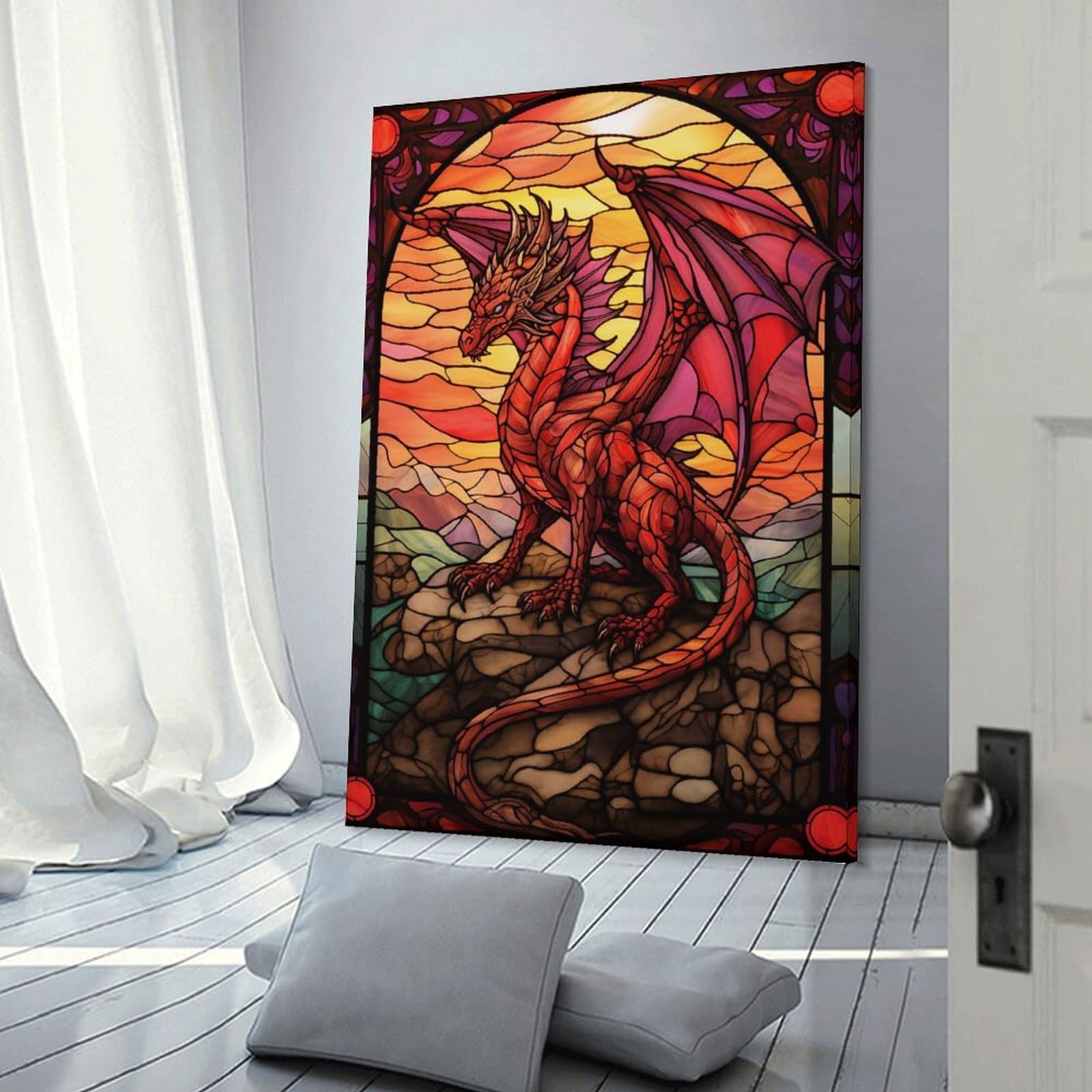 Junmoney Frame-Style-8 Fire Dragon Stained Glass Canvas Wall Picture, 24X36inch(60X90cm), For Study, Office Or Focused Interiors, Home Office Artwork With Decorative Appeal