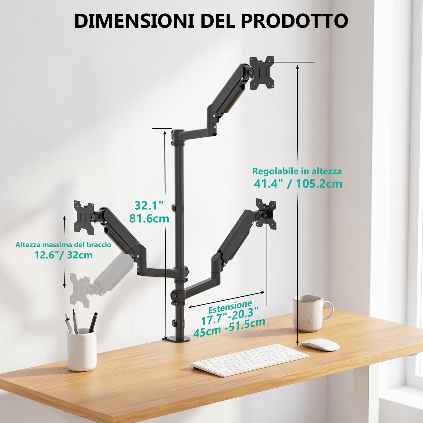 WALI Supporto triplo per monitor da 17-32 pollici, completamente regolabile per 3 monitor con morsetto e base con passacavo, braccio per monitor con molla a gas, fino a 9 kg ciascuno, VESA 75 x 75 100