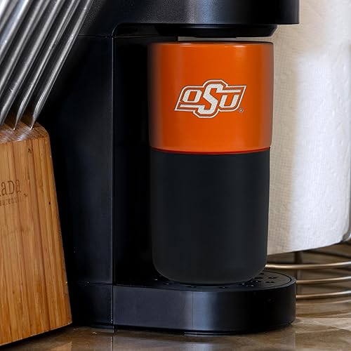 Miniatura 306 de Rico Industries NCAA Miami of Ohio Redhawks - Vaso de cerámica de 16 onzas con agarre de silicona, grabado láser profundo, diseño de color negro