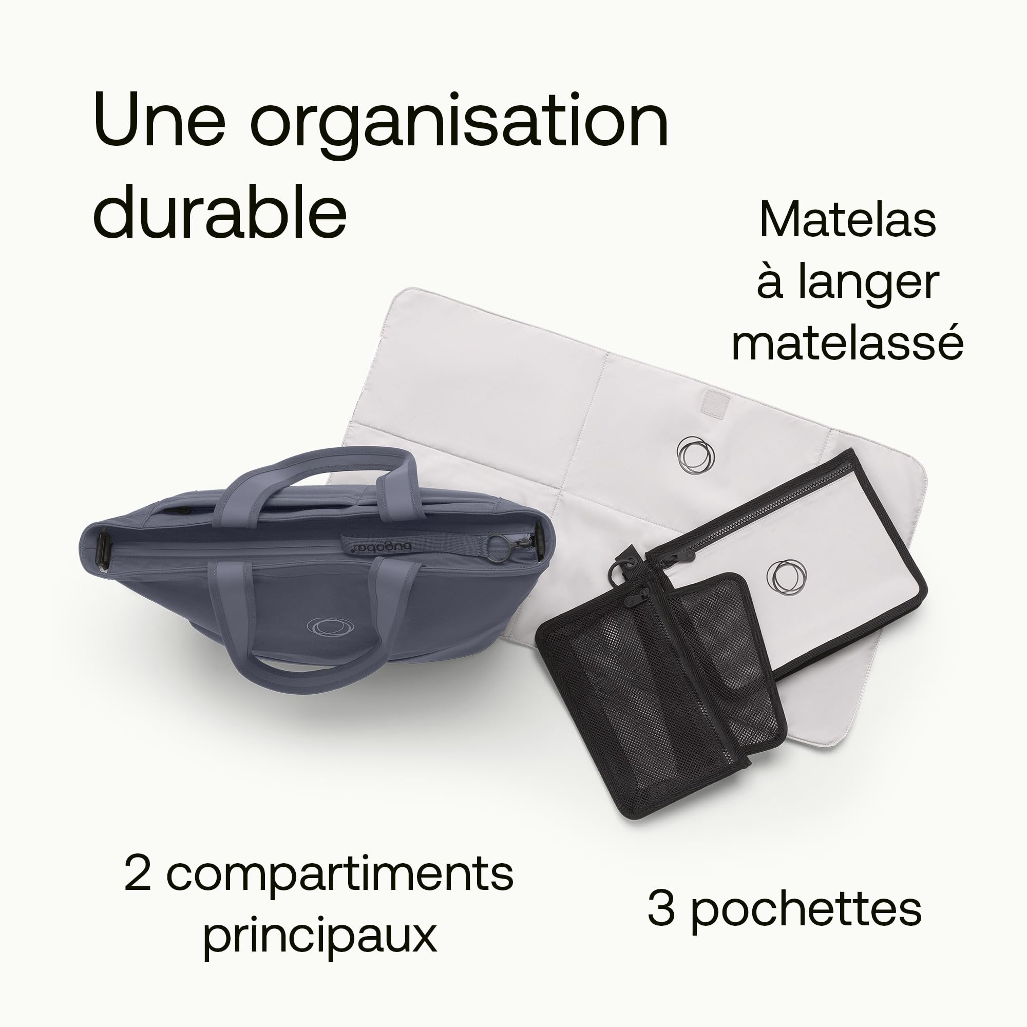 Bugaboo Sac à langer, sac à couches avec poches d'accès facile, porte-biberon isotherme, matelas à langer et 3 pochettes, en Bleu Tonnerre, Taille unique