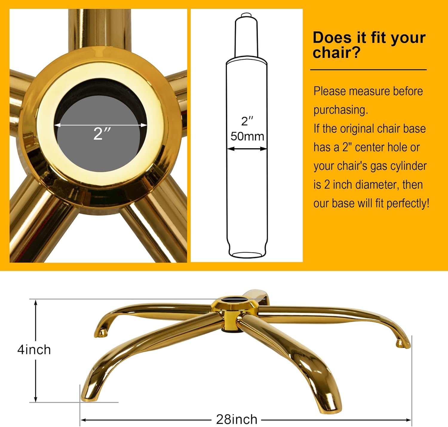 Frassie Office Chair Base Replacement with Wheels, Heavy Duty 2500LBS Metal Stool Chair Base, 28 inch Desk Chair Base Replacement Part (Gold)