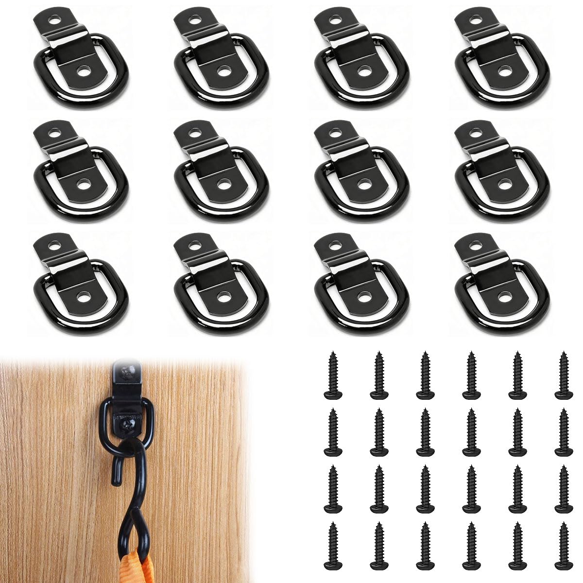 Vurixfo Black 12 Pcs D Ring Tie Downs Anchor, 1/4" Heavy Duty Tie Down D-Rings Lashing Ring Trailer Anchors Accessories D Lashing Rings With Screws For Load Securing Truck Boat Kayak Trailer Moto