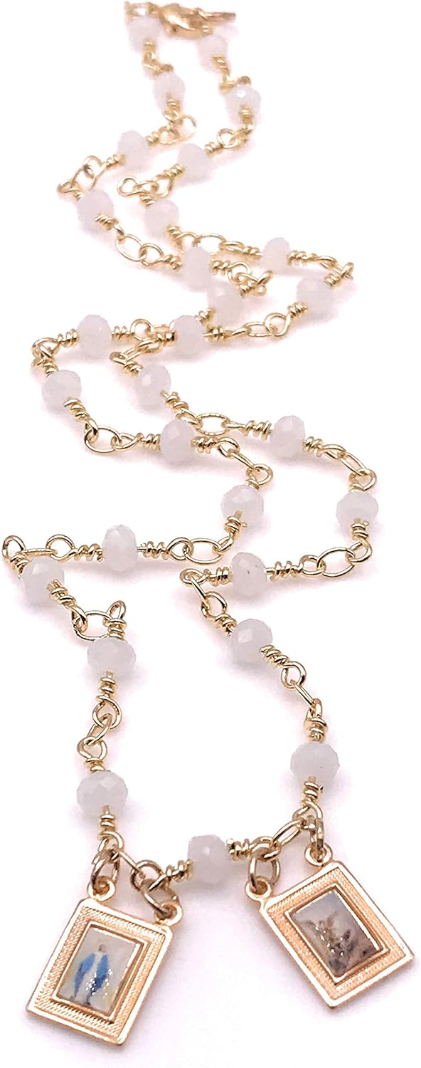 LESLIE BOULES Escapularios Católicos White Crystal Bead Chain Virgin Mary & Archangel Michael Scapular - Image 3