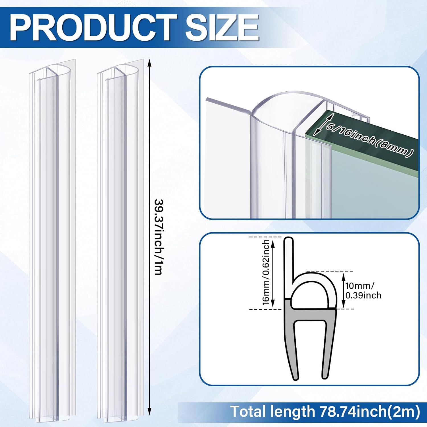 Shower Door Side Seal Strip 78.74 Inch (39.37" x 2 Pcs) for 5/16"(8 mm) Frameless Glass Sliding or Swing Door (U Type) Sweep Clear PVC Waterproof to Stop Shower Leaks No Adhesive Needed 2 5/16'',39.37''x2