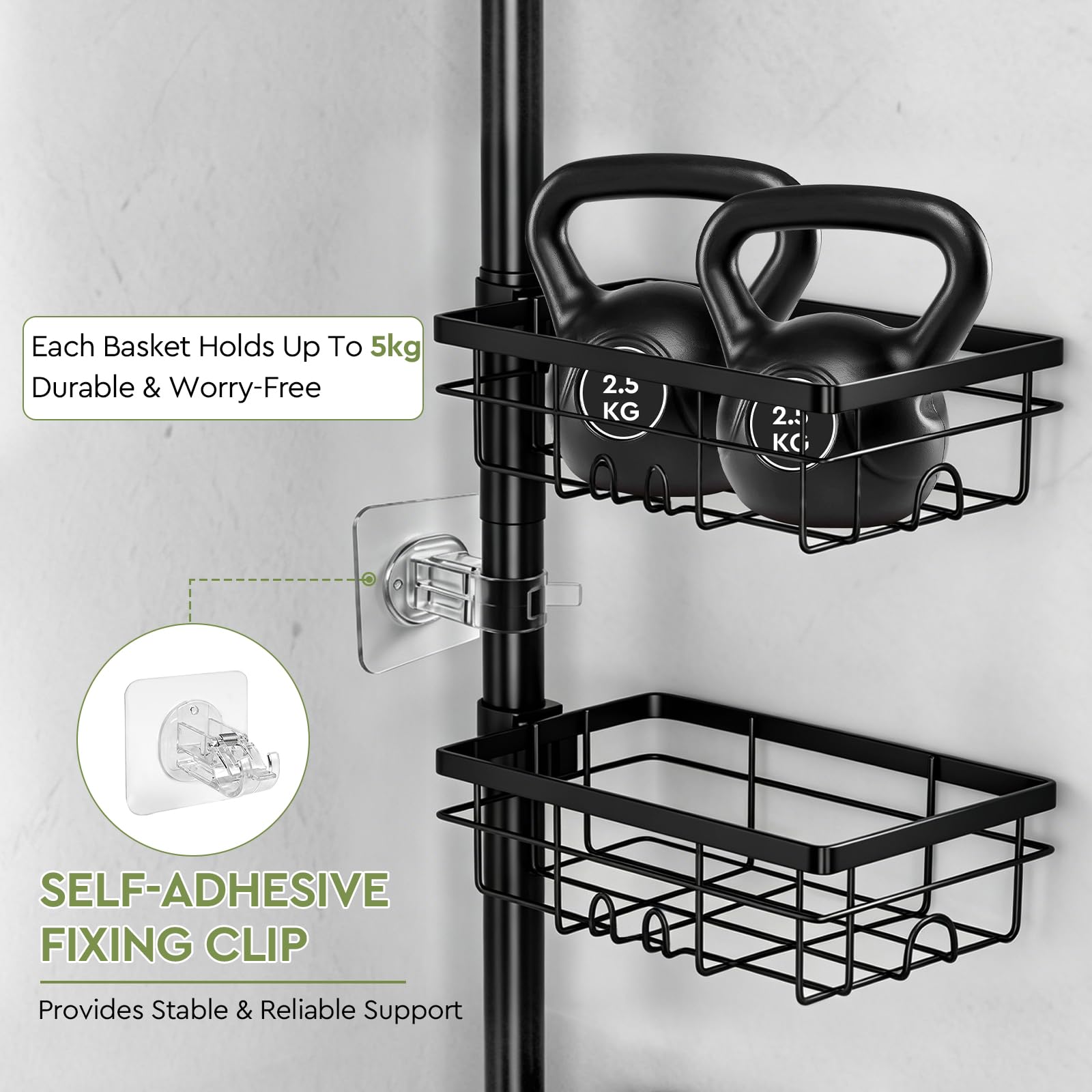 EXLECO Scaffale da doccia telescopico a 7 ripiani, senza foratura, 78 – 308 cm, antiruggine, scaffale angolare per bagno, porta asciugamani, portaspazzole, contenitore per sapone, nero