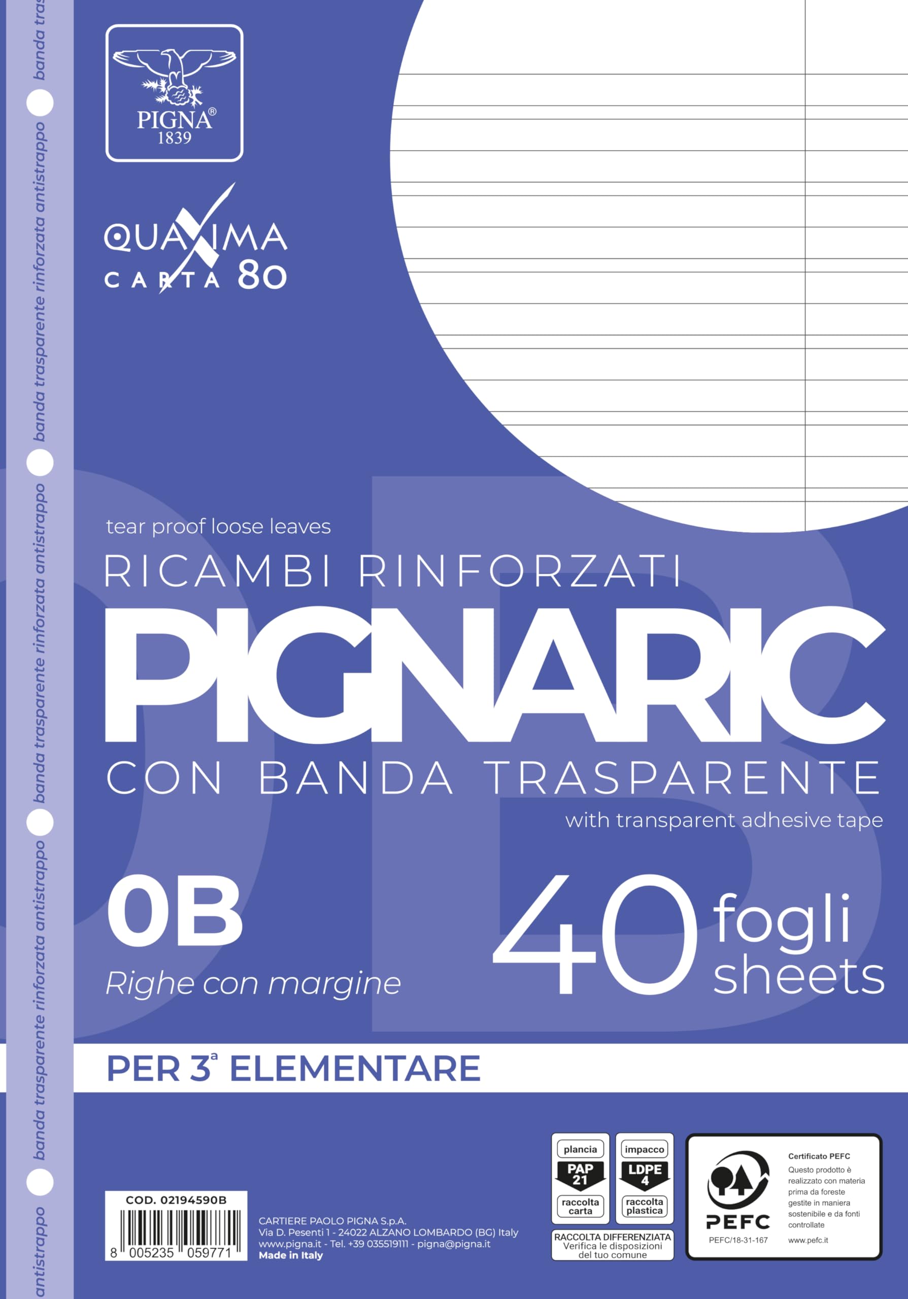 Pigna, Pack of 40 Spare Parts with 4 Holes, Filing, Reinforced Sideband, Reinforced Punched Sheets, A4 Sheets, 21 x 29.7, 0B, Roundsteer